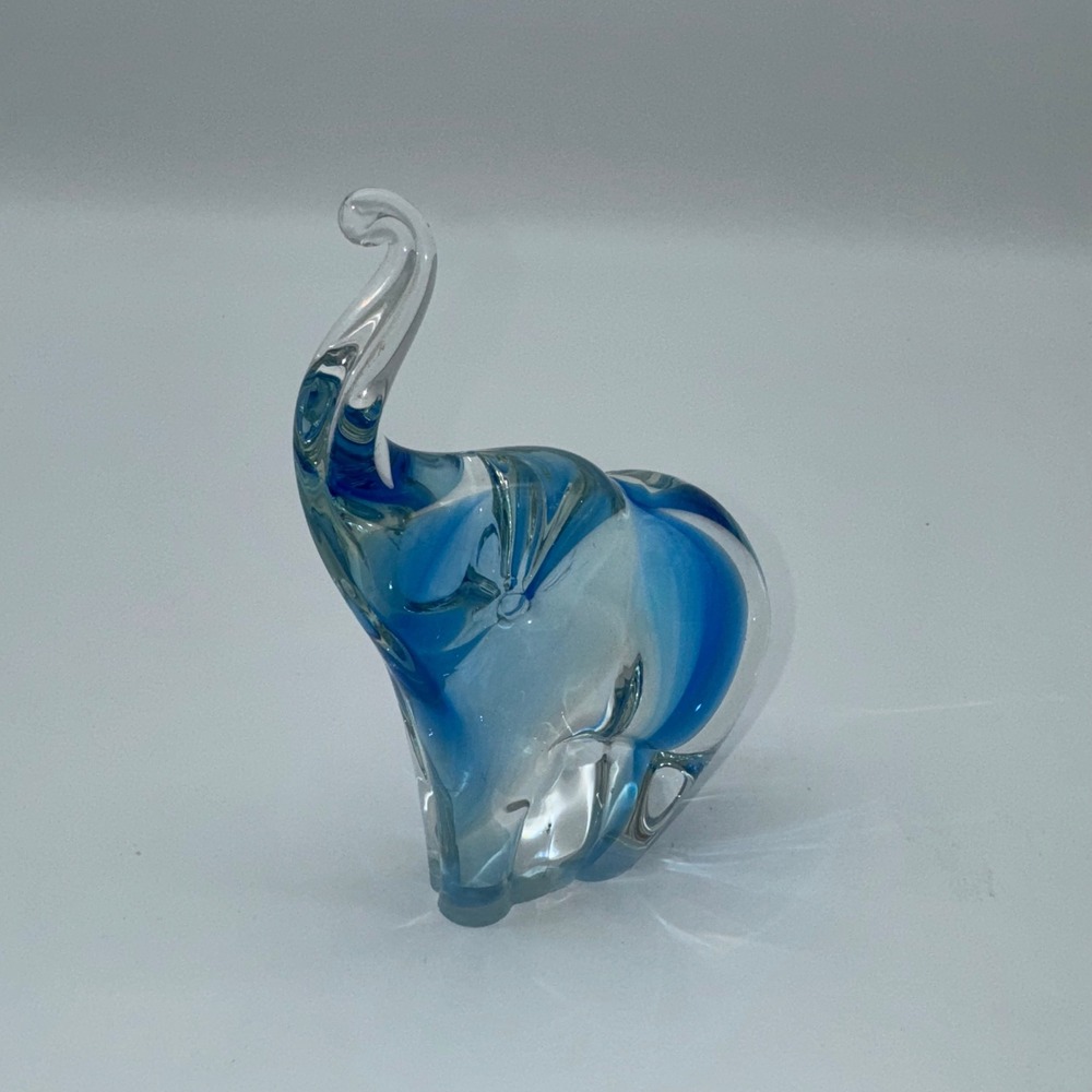 Art Glass Elephant Figurine Blue White Swirl Trunk Up Home Decor Collectible‎